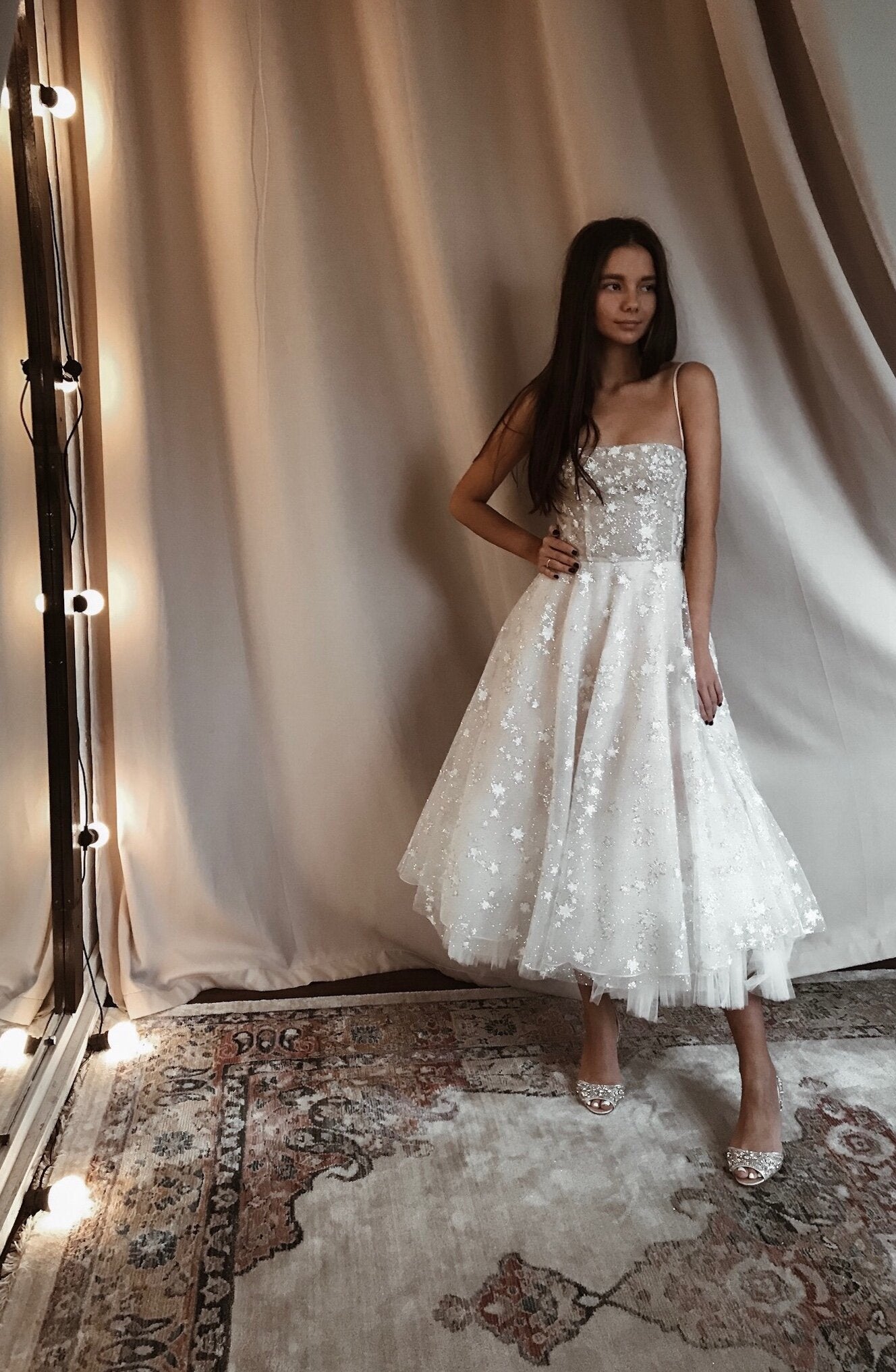A Line Spaghetti Straps Tea Length Pearl Pink Prom Dress With Stars