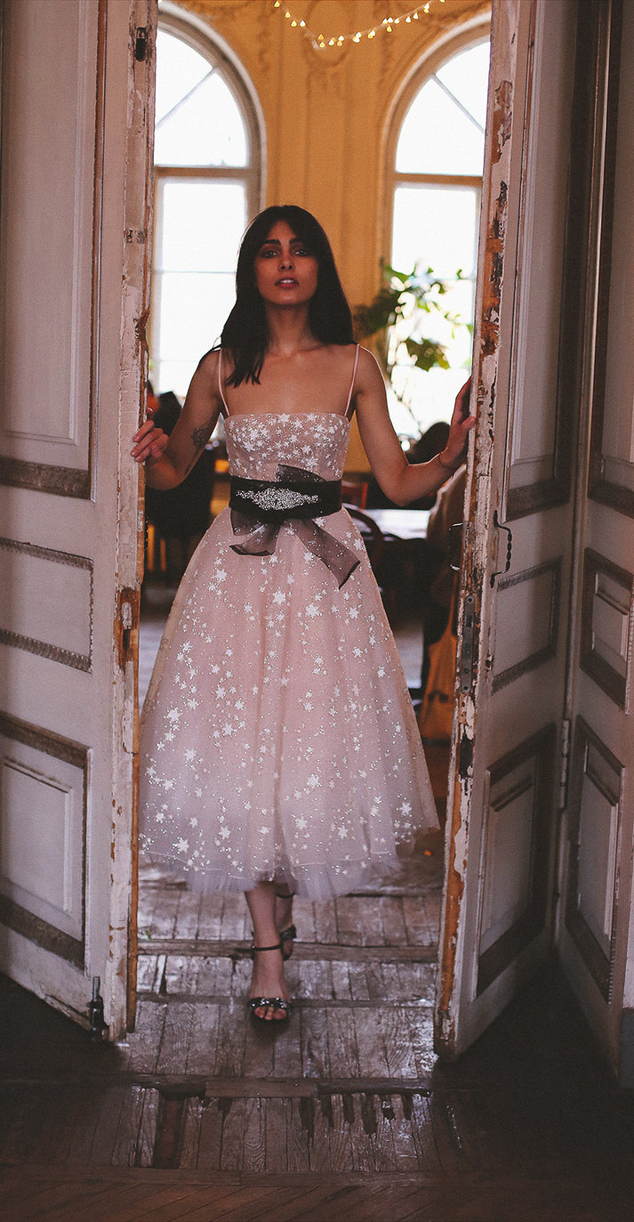 A Line Spaghetti Straps Tea Length Pearl Pink Prom Dress With Stars