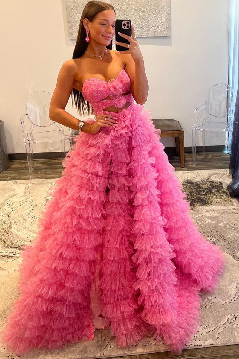 Ball Gown Sweetheart Pink Tiered Printed Tulle Prom Dress