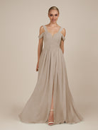 KissDress-Faye Almond A Line Chiffon Off the Shoulder Pleated Long Bridesmaid Dress with Slit