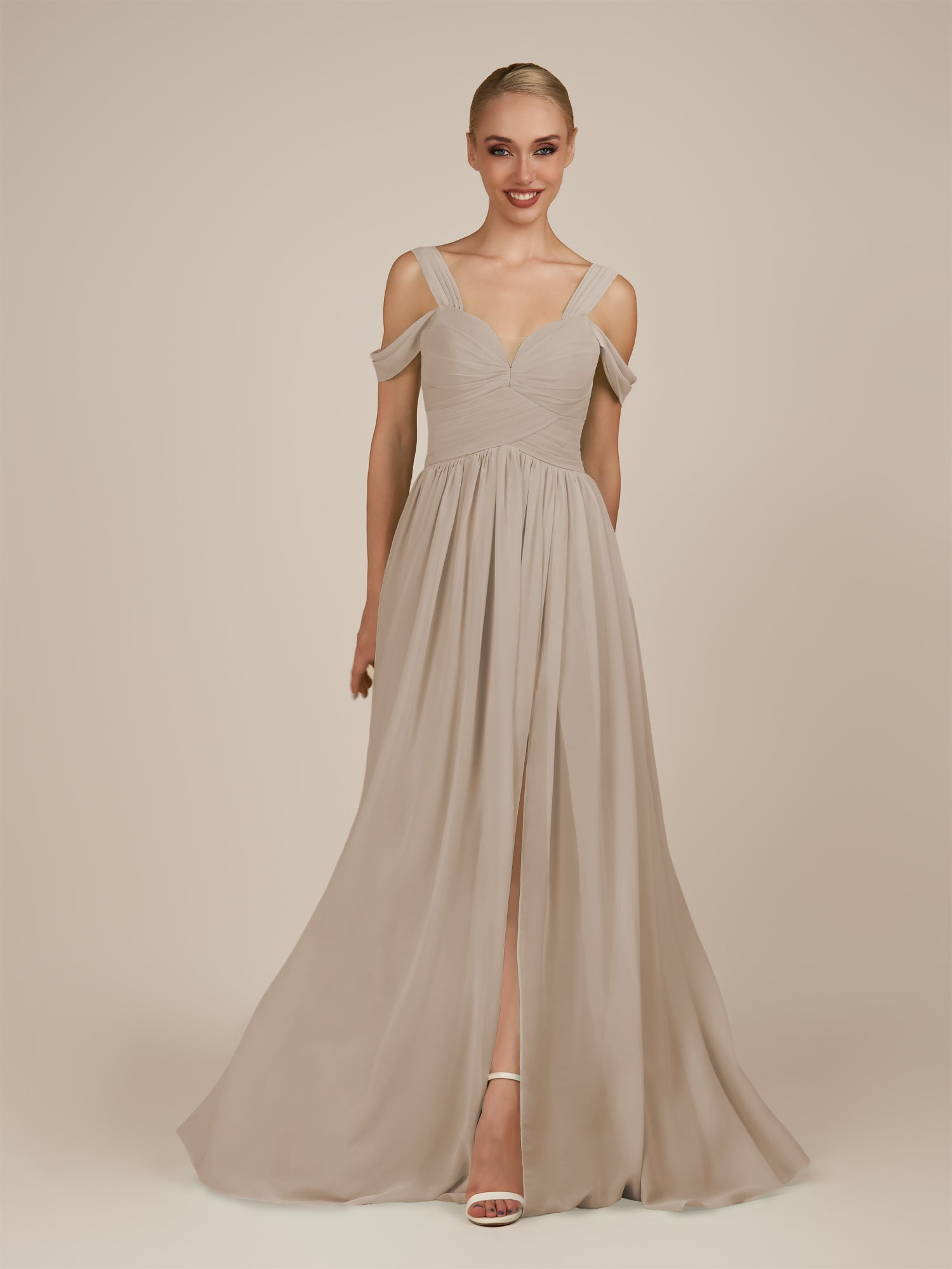 KissDress-Faye Almond A Line Chiffon Off the Shoulder Pleated Long Bridesmaid Dress with Slit