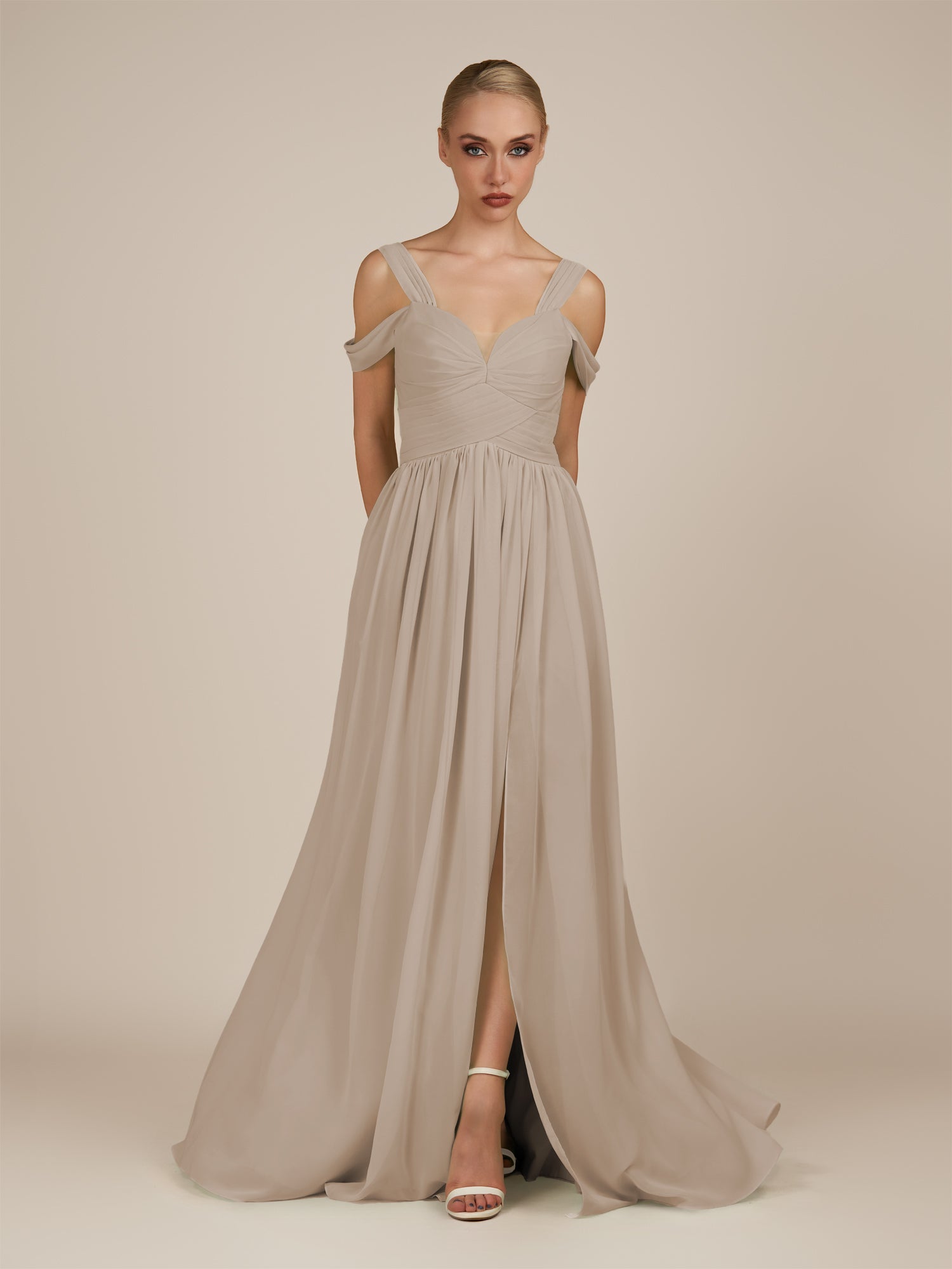 KissDress-Faye Almond A Line Chiffon Off the Shoulder Pleated Long Bridesmaid Dress with Slit