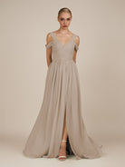 KissDress-Faye Almond A Line Chiffon Off the Shoulder Pleated Long Bridesmaid Dress with Slit