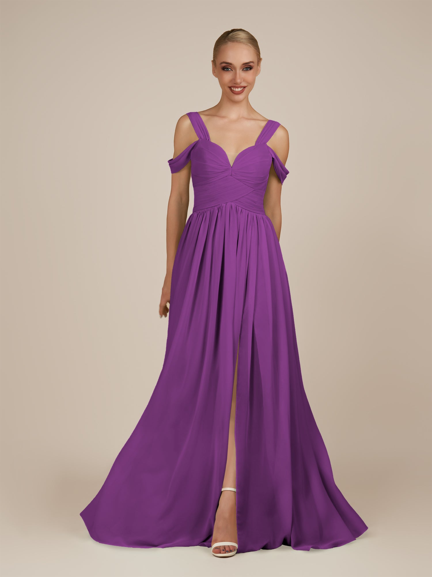 KissDress-Faye Amethyst A Line Chiffon Off the Shoulder Pleated Long Bridesmaid Dress with Slit