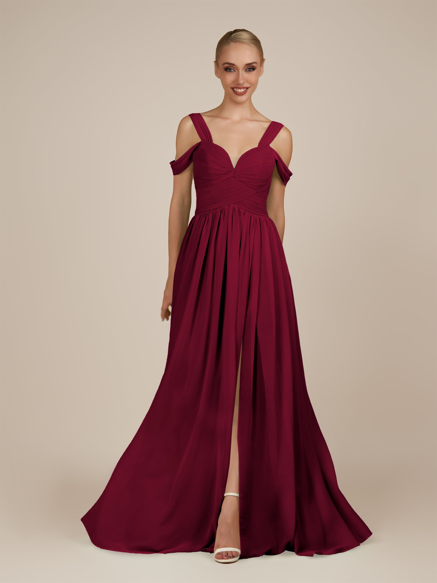 KissDress-Faye Berry A Line Chiffon Off the Shoulder Pleated Long Bridesmaid Dress with Slit