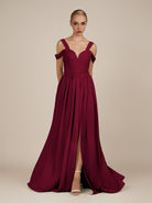 KissDress-Faye Berry A Line Chiffon Off the Shoulder Pleated Long Bridesmaid Dress with Slit