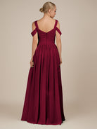 KissDress-Faye Berry A Line Chiffon Off the Shoulder Pleated Long Bridesmaid Dress with Slit