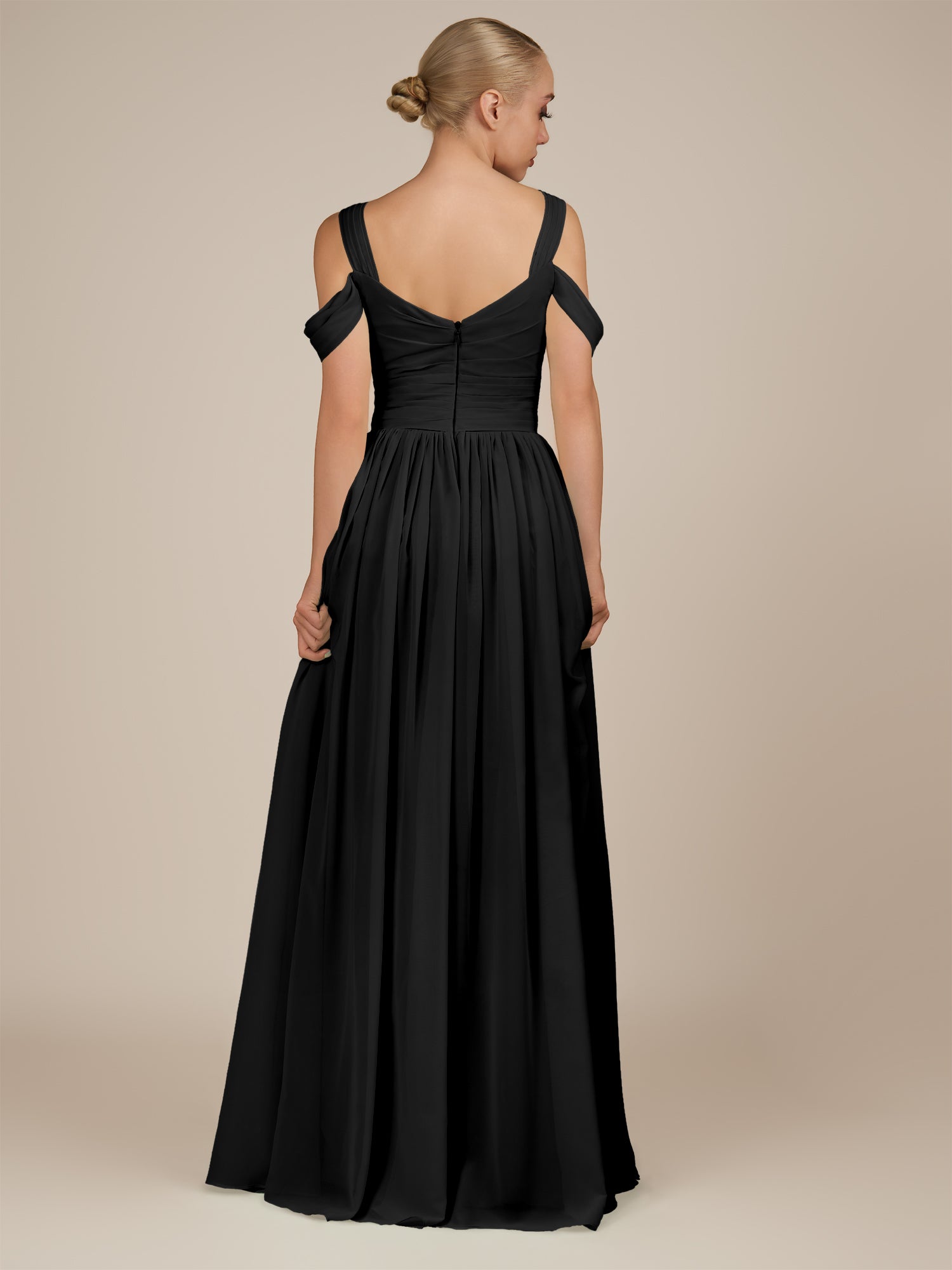 KissDress-Faye Black A Line Chiffon Off the Shoulder Pleated Long Bridesmaid Dress with Slit