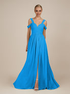 KissDress-Faye Blue Jay A Line Chiffon Off the Shoulder Pleated Long Bridesmaid Dress with Slit