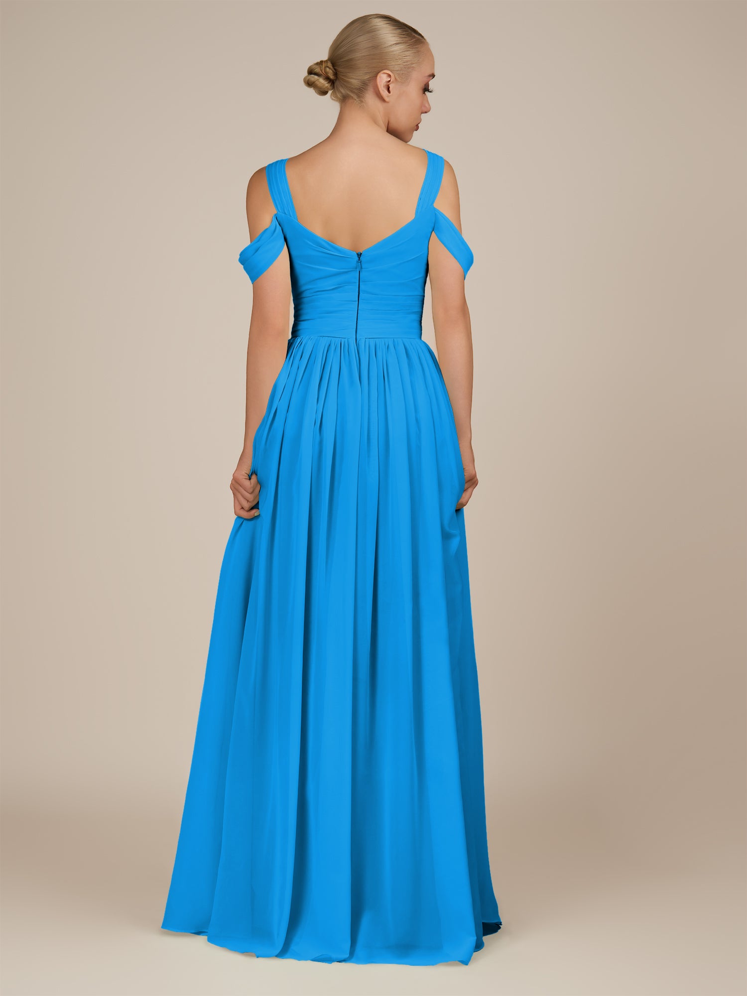 KissDress-Faye Blue Jay A Line Chiffon Off the Shoulder Pleated Long Bridesmaid Dress with Slit