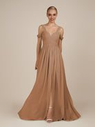 KissDress-Faye Bronzer A Line Chiffon Off the Shoulder Pleated Long Bridesmaid Dress with Slit