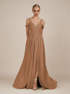 KissDress-Faye Bronzer A Line Chiffon Off the Shoulder Pleated Long Bridesmaid Dress with Slit