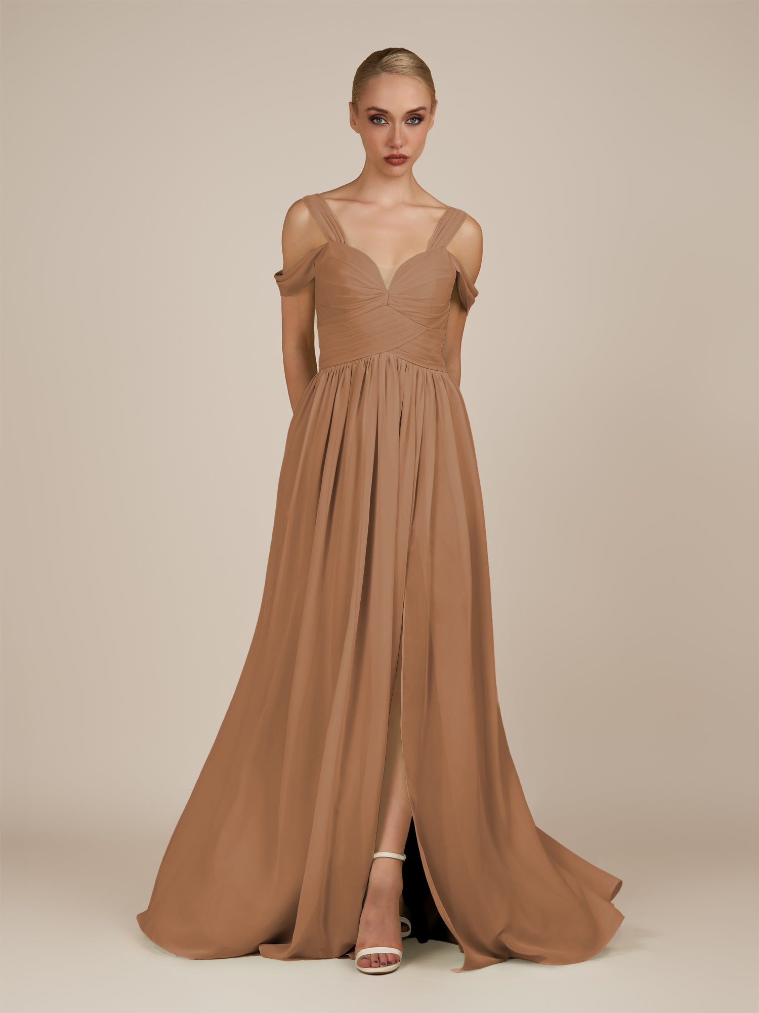 KissDress-Faye Bronzer A Line Chiffon Off the Shoulder Pleated Long Bridesmaid Dress with Slit