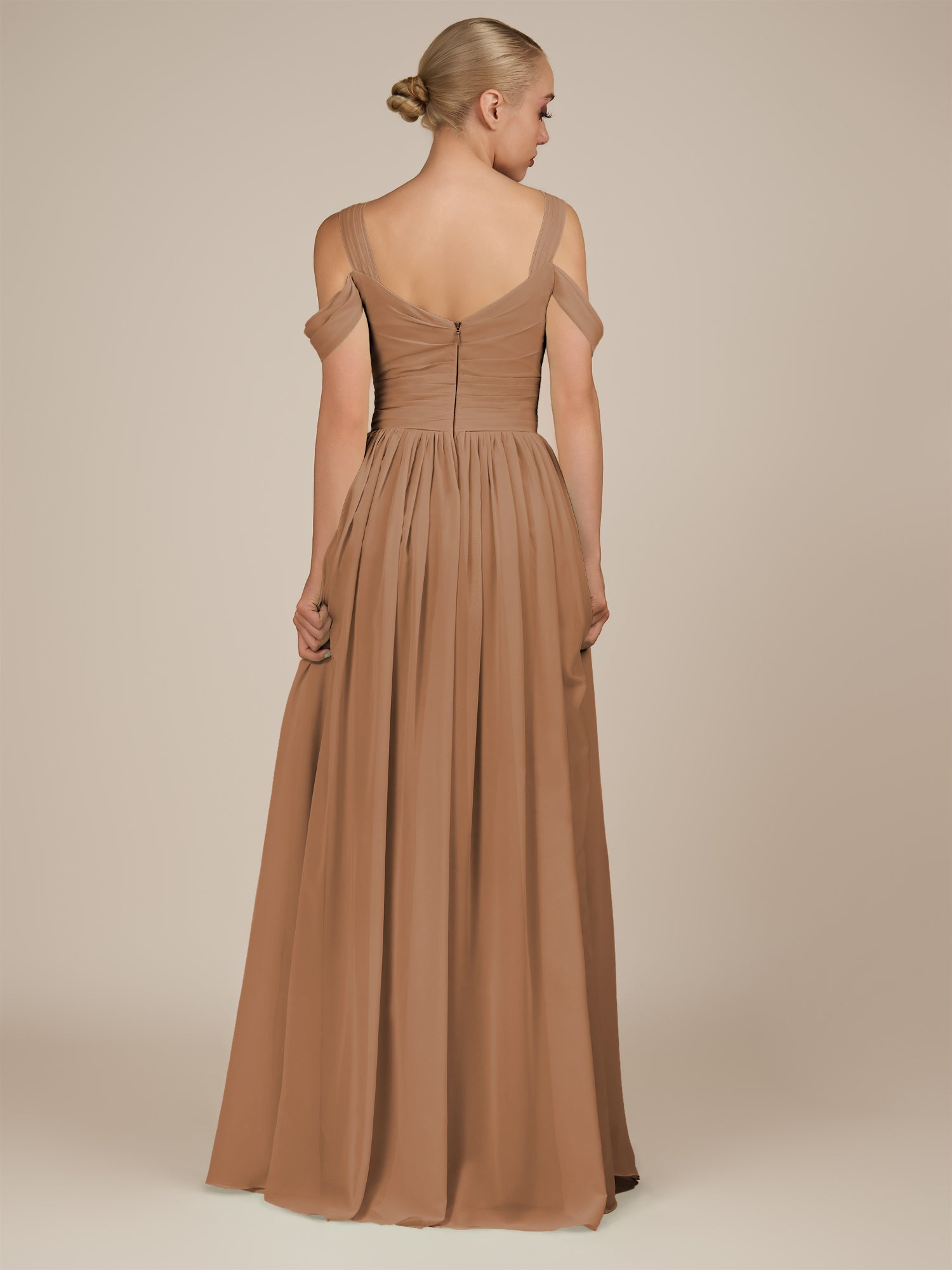 KissDress-Faye Bronzer A Line Chiffon Off the Shoulder Pleated Long Bridesmaid Dress with Slit