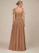 KissDress-Faye Bronzer A Line Chiffon Off the Shoulder Pleated Long Bridesmaid Dress with Slit