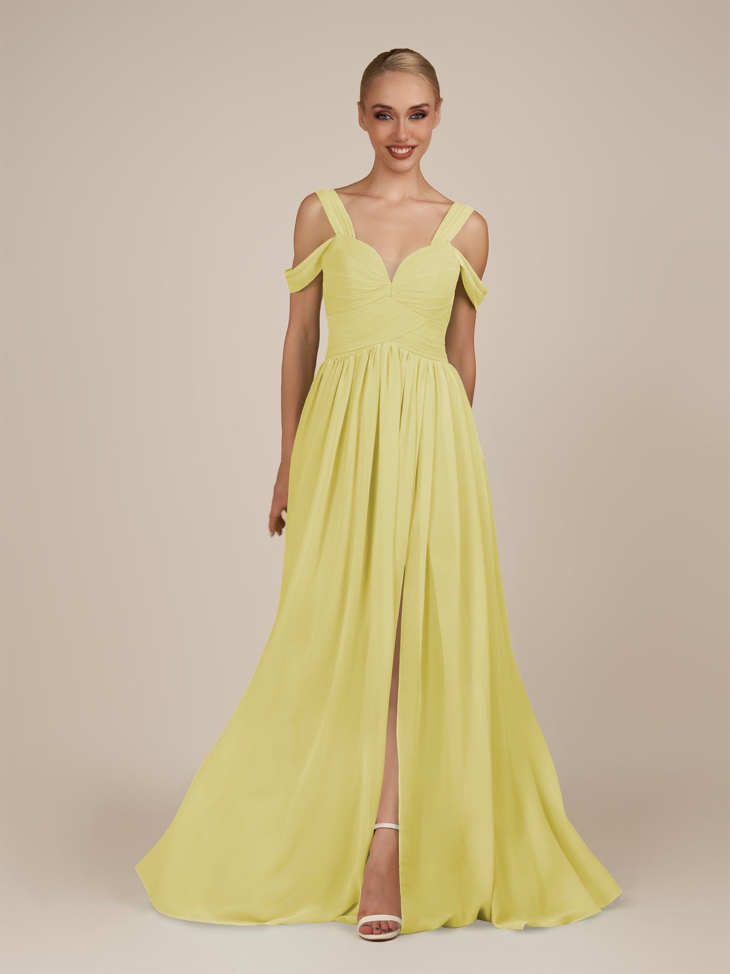 KissDress-Faye Buttercup A Line Chiffon Off the Shoulder Pleated Long Bridesmaid Dress with Slit