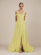 KissDress-Faye Buttercup A Line Chiffon Off the Shoulder Pleated Long Bridesmaid Dress with Slit