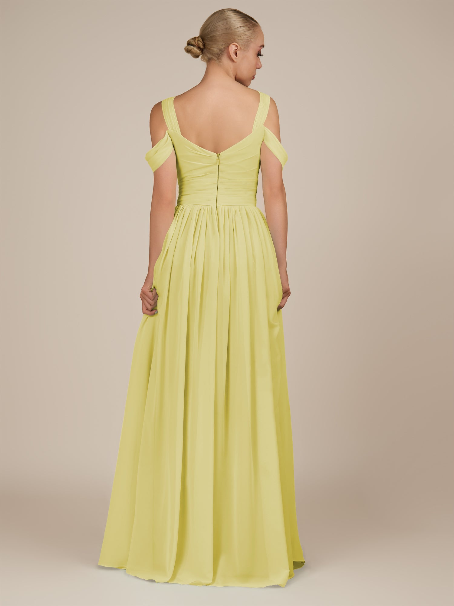 KissDress-Faye Buttercup A Line Chiffon Off the Shoulder Pleated Long Bridesmaid Dress with Slit