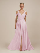 KissDress-Faye Candy Pink A Line Chiffon Off the Shoulder Pleated Long Bridesmaid Dress with Slit
