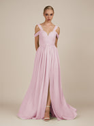 KissDress-Faye Candy Pink A Line Chiffon Off the Shoulder Pleated Long Bridesmaid Dress with Slit