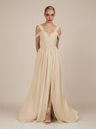 KissDress-Faye Champagne A Line Chiffon Off the Shoulder Pleated Long Bridesmaid Dress with Slit