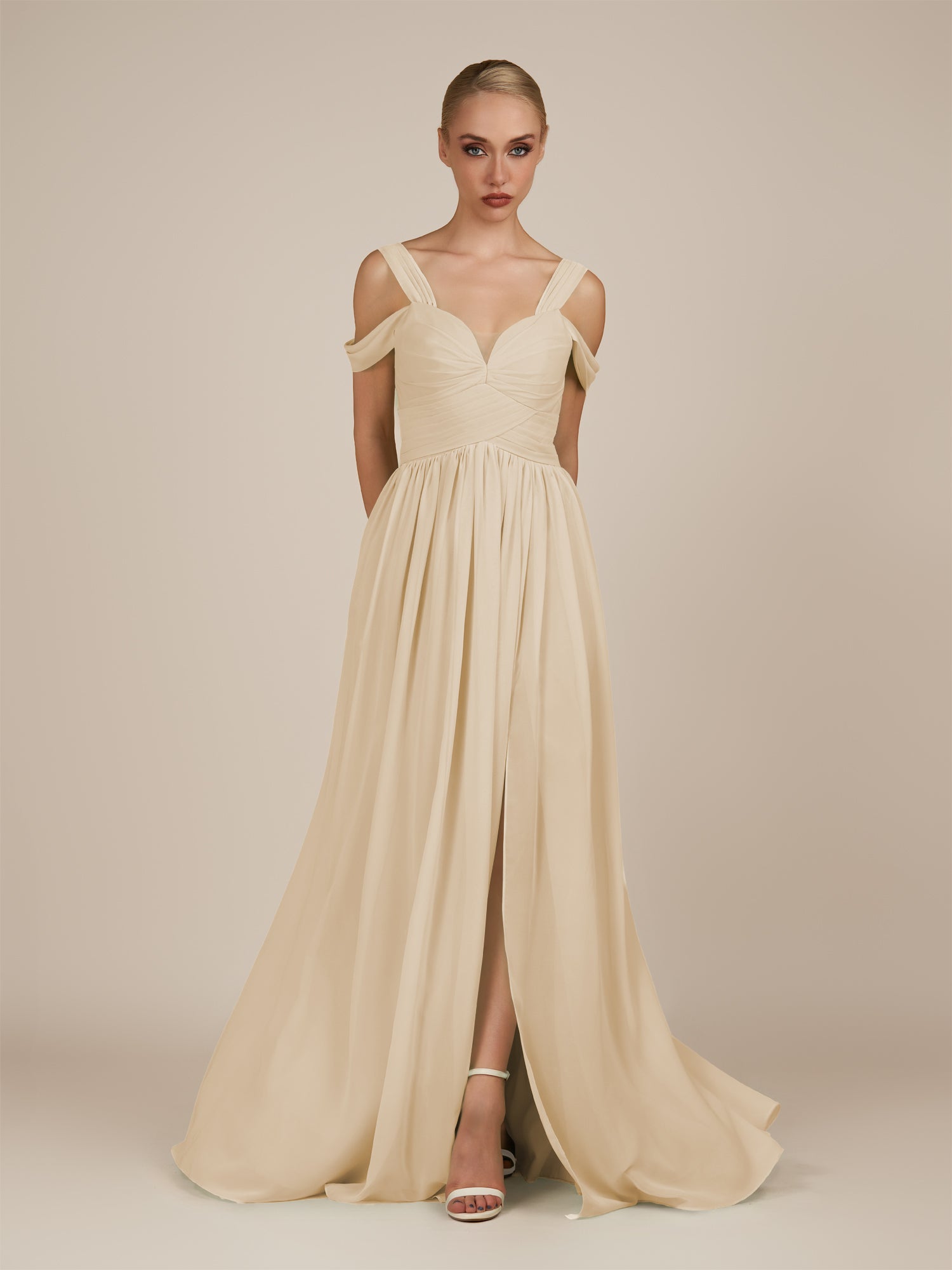 KissDress-Faye Champagne A Line Chiffon Off the Shoulder Pleated Long Bridesmaid Dress with Slit