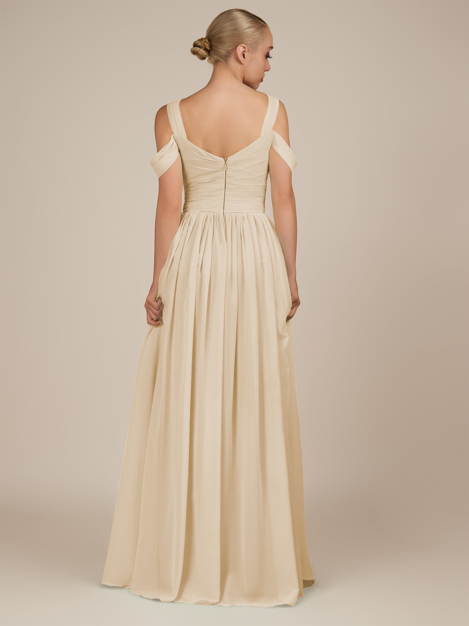 KissDress-Faye Champagne A Line Chiffon Off the Shoulder Pleated Long Bridesmaid Dress with Slit