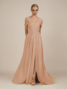 KissDress-Faye Champagne Rose A Line Chiffon Off the Shoulder Pleated Long Bridesmaid Dress with Slit