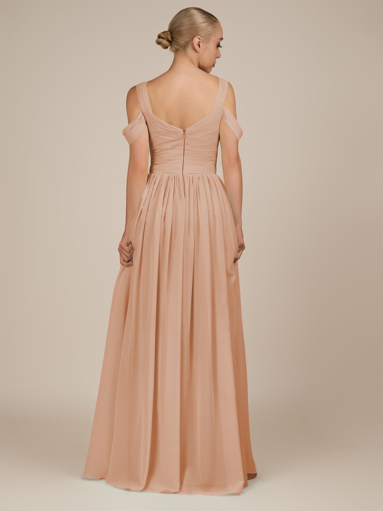 KissDress-Faye Champagne Rose A Line Chiffon Off the Shoulder Pleated Long Bridesmaid Dress with Slit