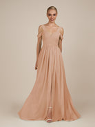 KissDress-Faye Champagne Rose A Line Chiffon Off the Shoulder Pleated Long Bridesmaid Dress with Slit