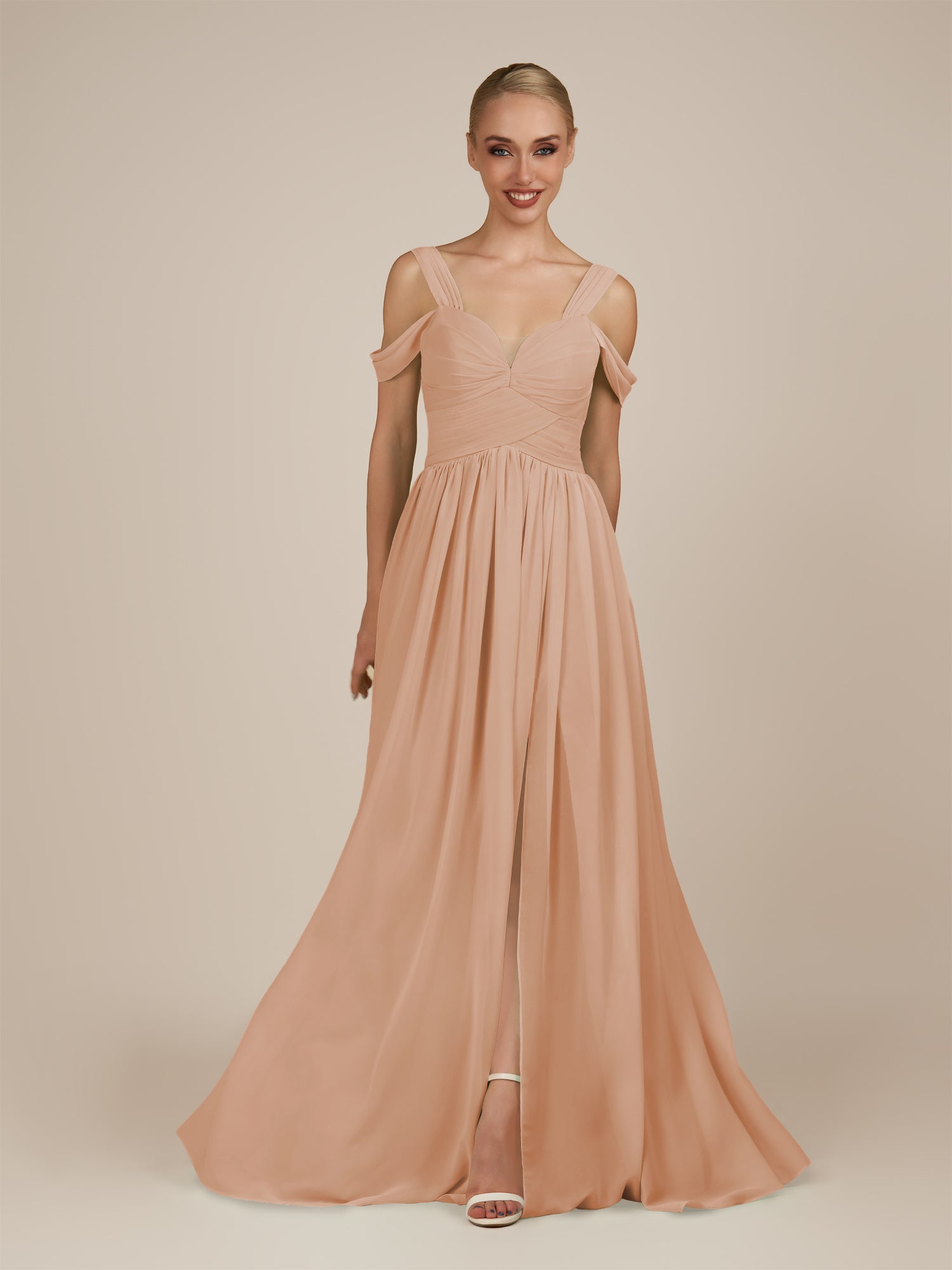 KissDress-Faye Champagne Rose A Line Chiffon Off the Shoulder Pleated Long Bridesmaid Dress with Slit