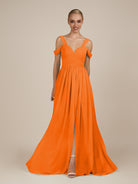 KissDress-Faye Cinnamon A Line Chiffon Off the Shoulder Pleated Long Bridesmaid Dress with Slit