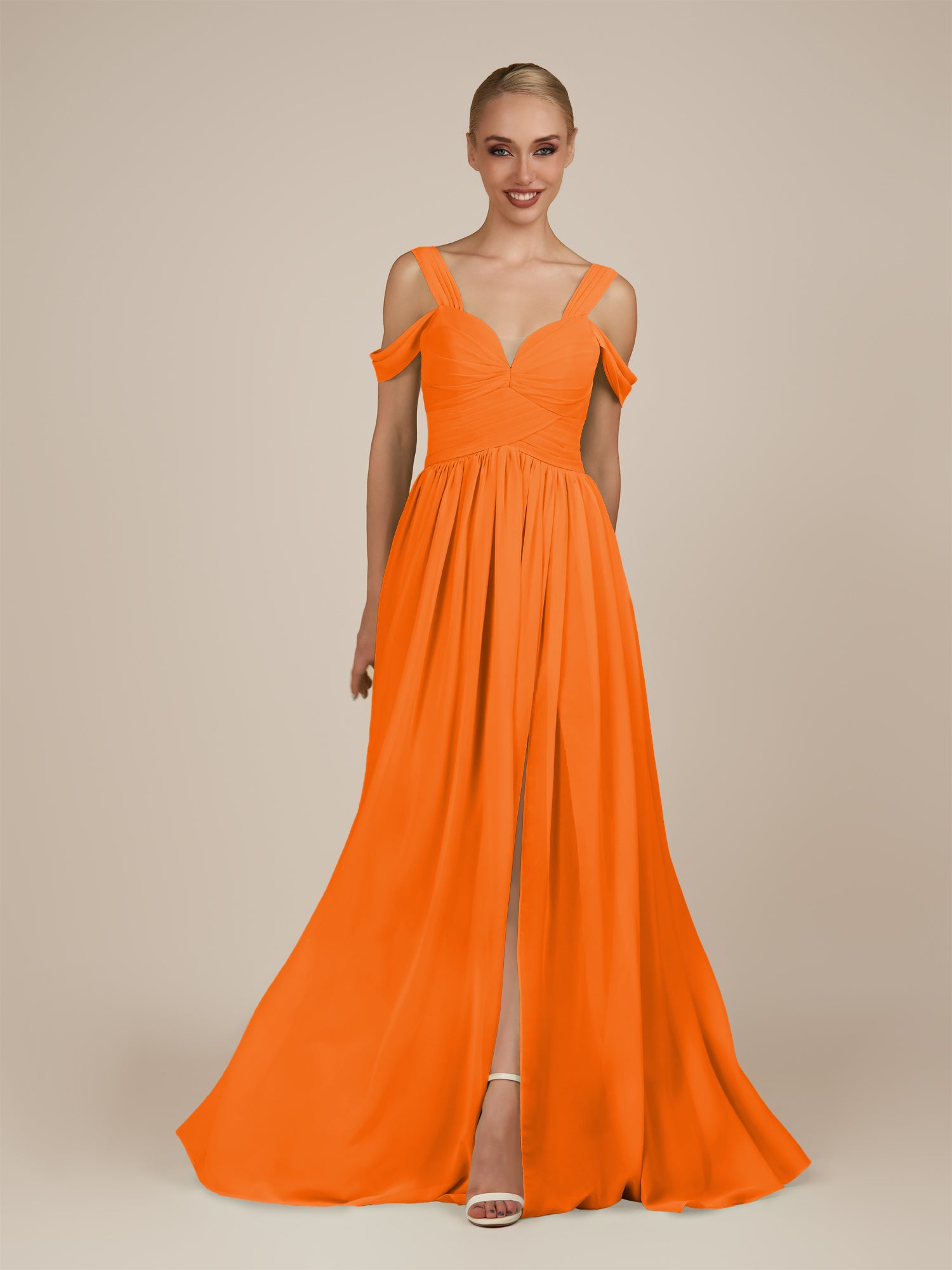 KissDress-Faye Cinnamon A Line Chiffon Off the Shoulder Pleated Long Bridesmaid Dress with Slit