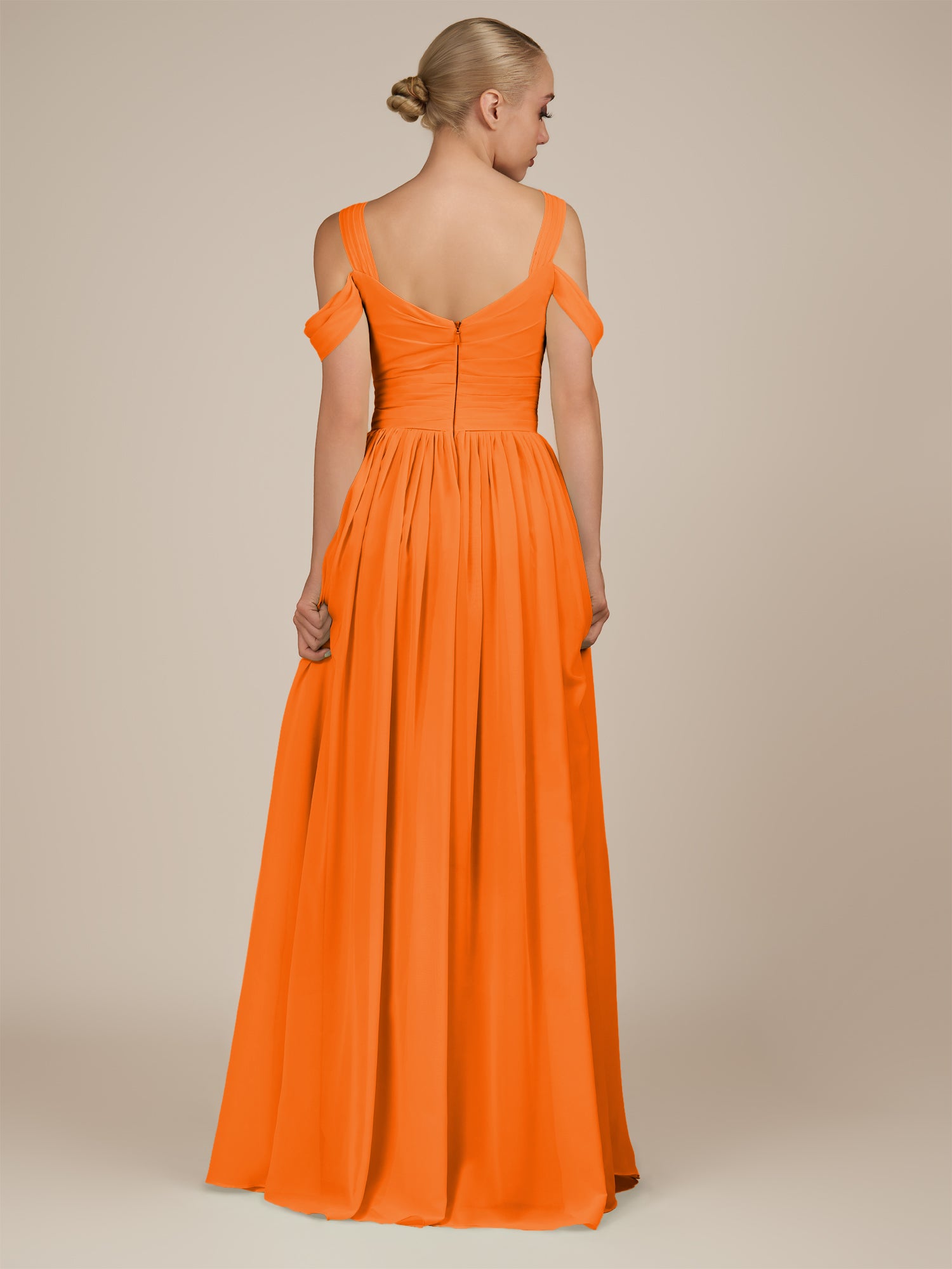 KissDress-Faye Cinnamon A Line Chiffon Off the Shoulder Pleated Long Bridesmaid Dress with Slit