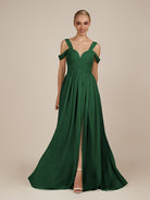 KissDress-Faye Dark Green A Line Chiffon Off the Shoulder Pleated Long Bridesmaid Dress with Slit