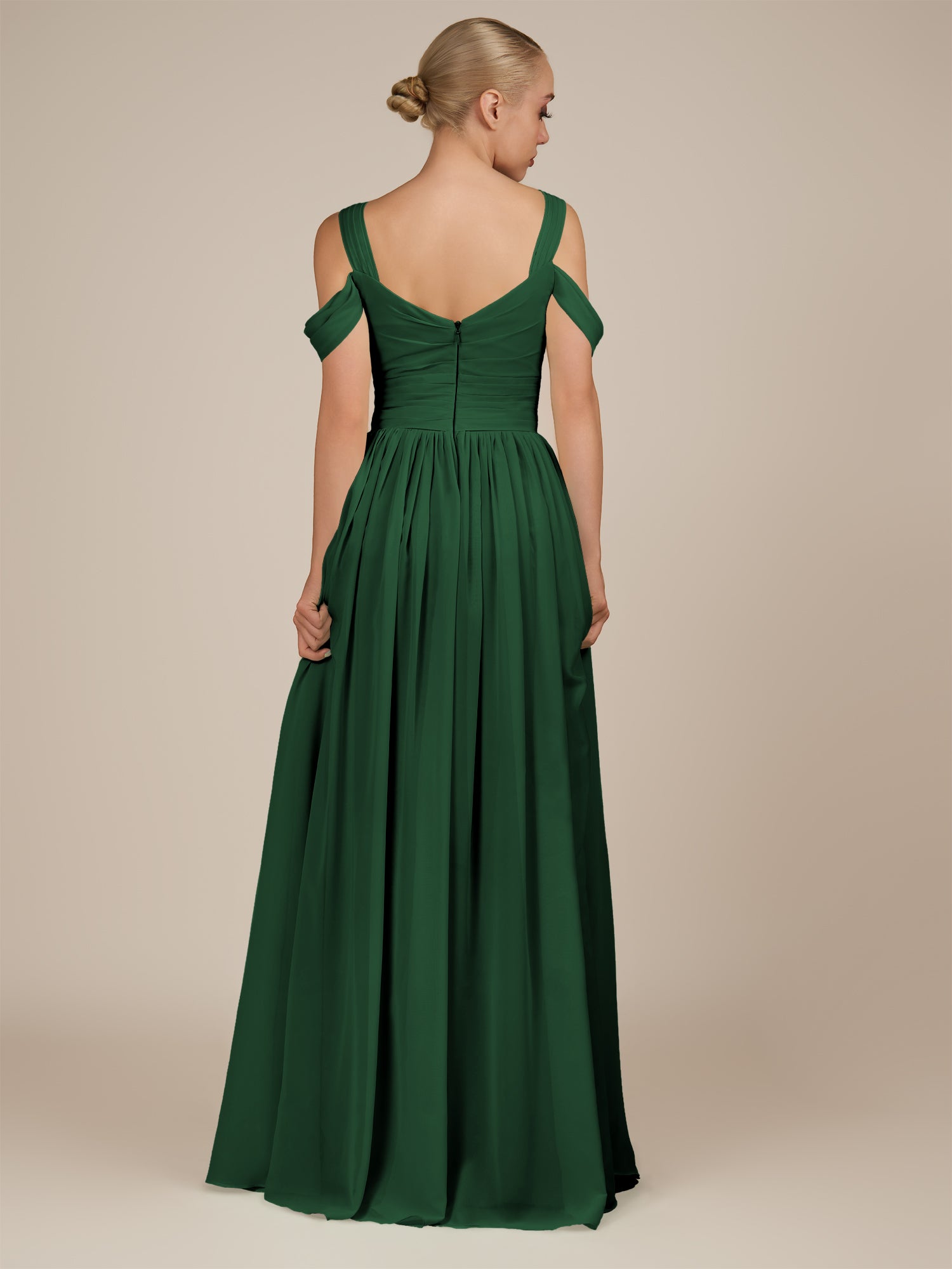 KissDress-Faye Dark Green A Line Chiffon Off the Shoulder Pleated Long Bridesmaid Dress with Slit