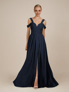 KissDress-Faye Dark Navy A Line Chiffon Off the Shoulder Pleated Long Bridesmaid Dress with Slit