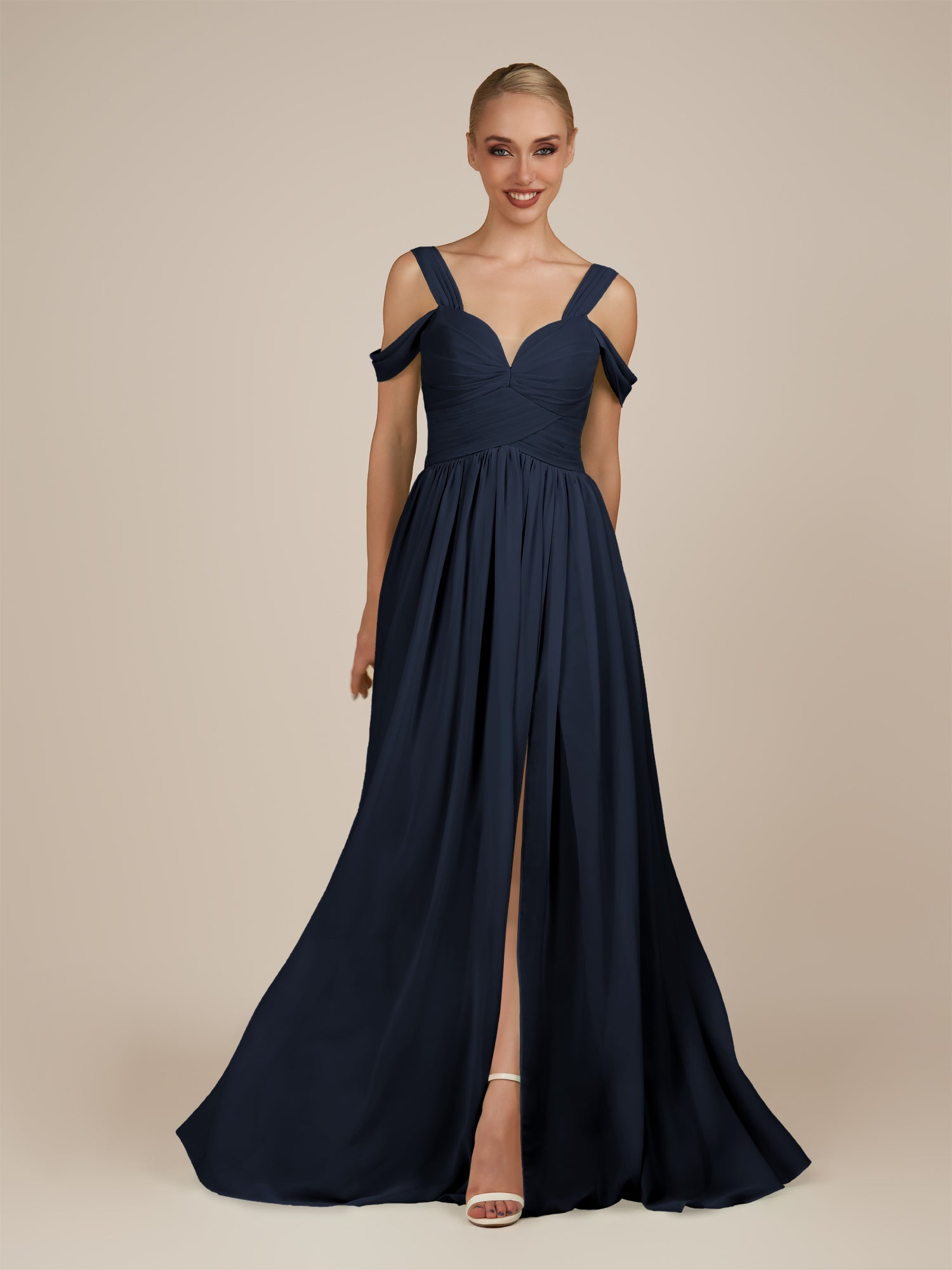 KissDress-Faye Dark Navy A Line Chiffon Off the Shoulder Pleated Long Bridesmaid Dress with Slit