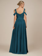 KissDress-Faye Dark Teal A Line Chiffon Off the Shoulder Pleated Long Bridesmaid Dress with Slit