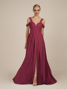 KissDress-Faye Desert Rose A Line Chiffon Off the Shoulder Pleated Long Bridesmaid Dress with Slit