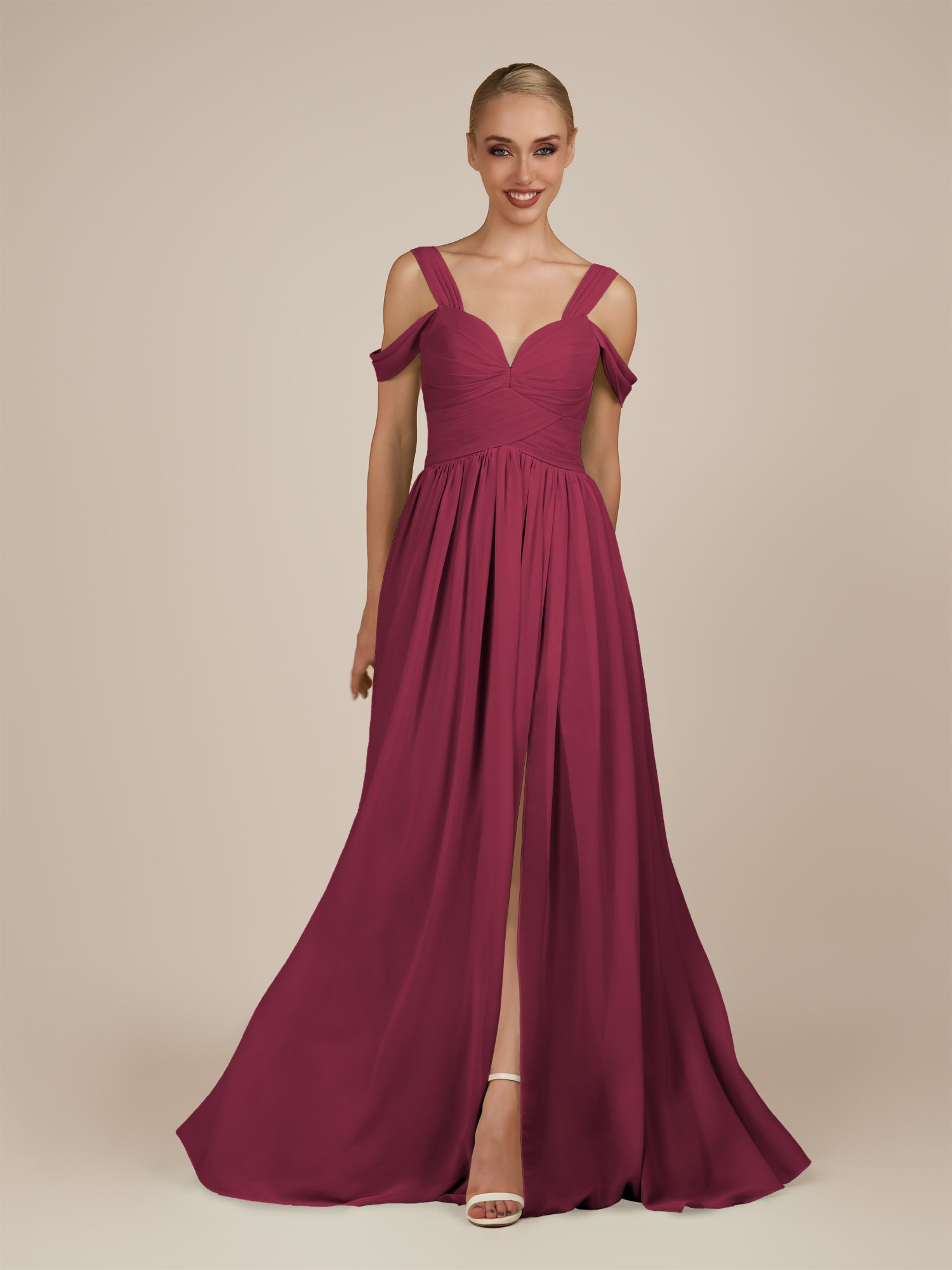 KissDress-Faye Desert Rose A Line Chiffon Off the Shoulder Pleated Long Bridesmaid Dress with Slit