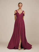 KissDress-Faye Desert Rose A Line Chiffon Off the Shoulder Pleated Long Bridesmaid Dress with Slit