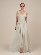 KissDress-Faye Dove Gray A Line Chiffon Off the Shoulder Pleated Long Bridesmaid Dress with Slit