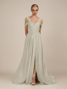 KissDress-Faye Dove Gray A Line Chiffon Off the Shoulder Pleated Long Bridesmaid Dress with Slit