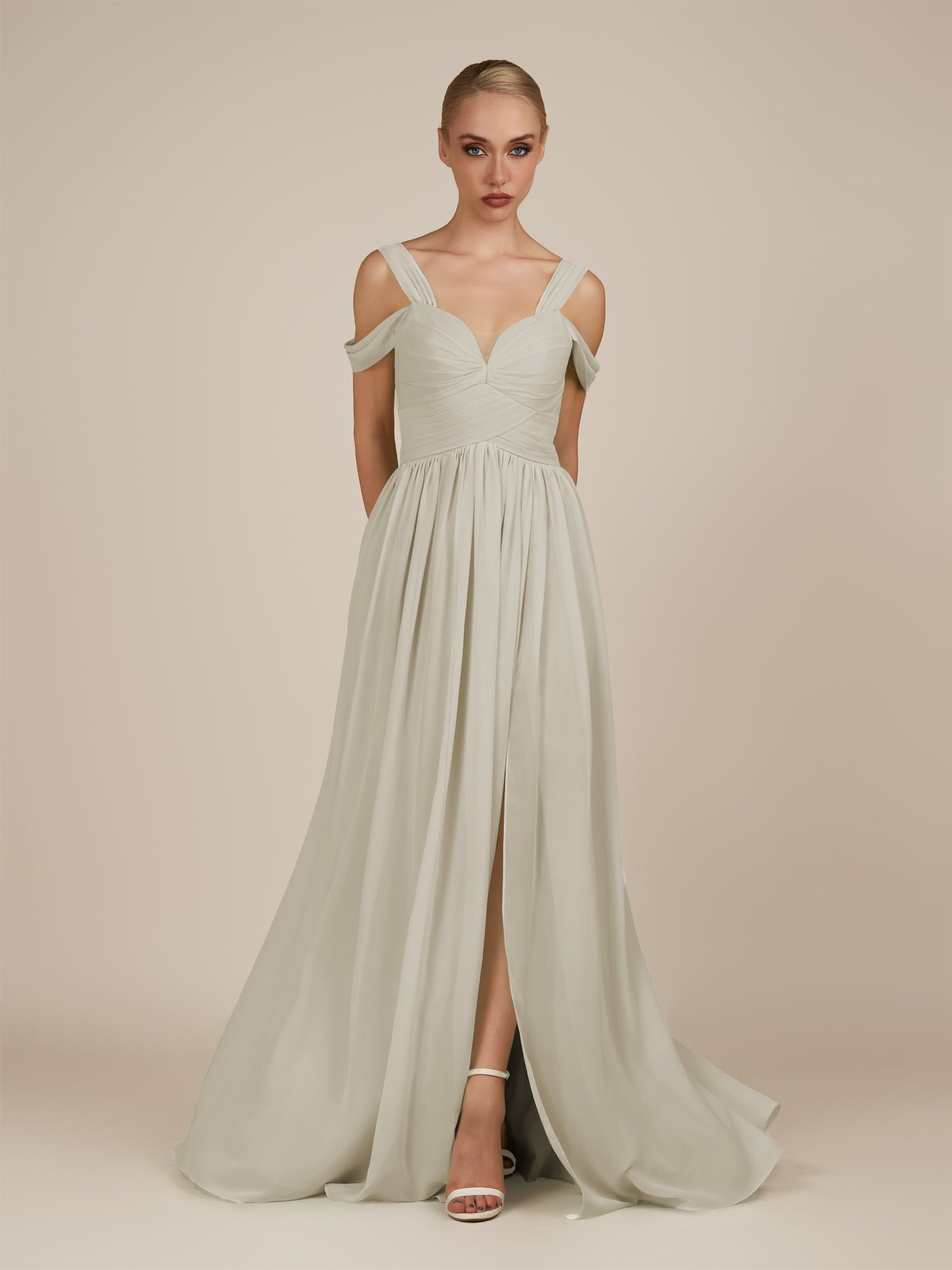 KissDress-Faye Dove Gray A Line Chiffon Off the Shoulder Pleated Long Bridesmaid Dress with Slit
