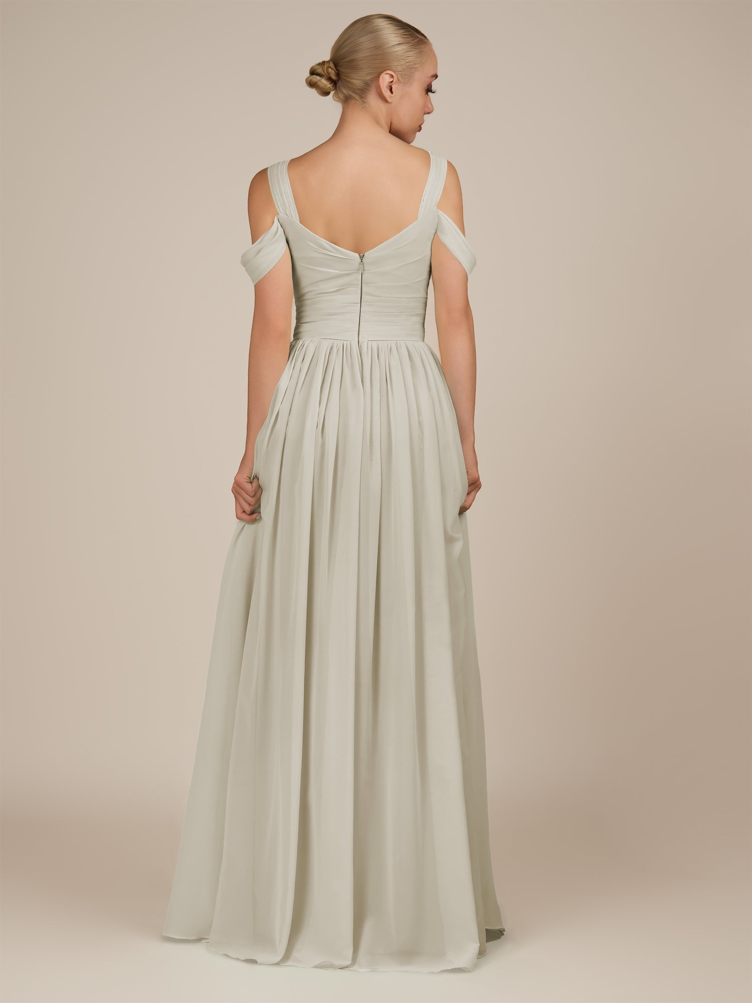 KissDress-Faye Dove Gray A Line Chiffon Off the Shoulder Pleated Long Bridesmaid Dress with Slit