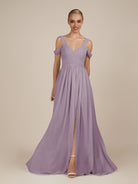 KissDress-Faye Dusk A Line Chiffon Off the Shoulder Pleated Long Bridesmaid Dress with Slit