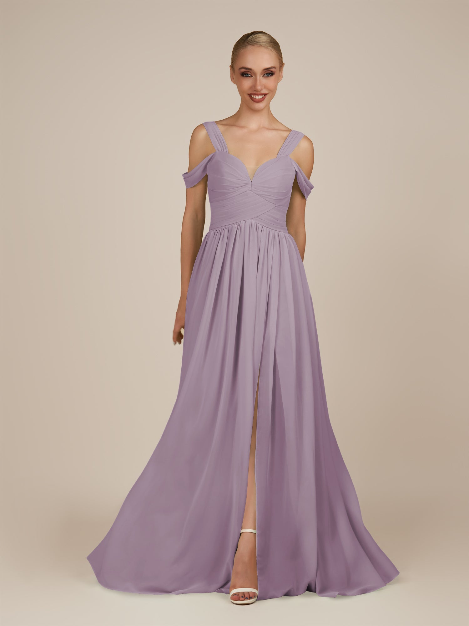 KissDress-Faye Dusk A Line Chiffon Off the Shoulder Pleated Long Bridesmaid Dress with Slit