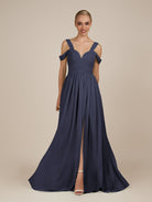 KissDress-Faye Dusk Blue A Line Chiffon Off the Shoulder Pleated Long Bridesmaid Dress with Slit