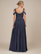 KissDress-Faye Dusk Blue A Line Chiffon Off the Shoulder Pleated Long Bridesmaid Dress with Slit